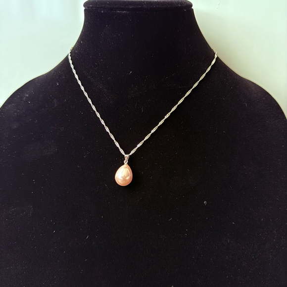 Rose Pink Faux Pearl Simulant Pear TearDrop Pendant Sterling Silver Necklace - Picture 4 of 7